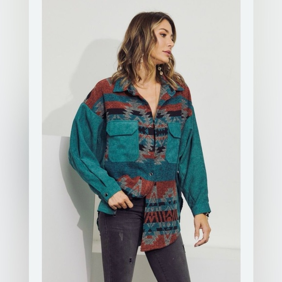 DAVI & DANI Jackets & Blazers - DAVI & DANI Teal, Rust & Gray Aztec Button-Up Shacket